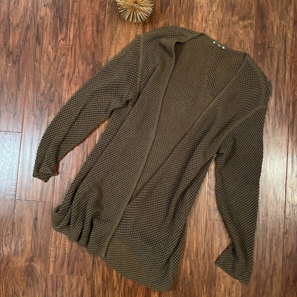 Open Knit Open Front Olive Green Long Cardigan Sweater - Picture 5 of 7